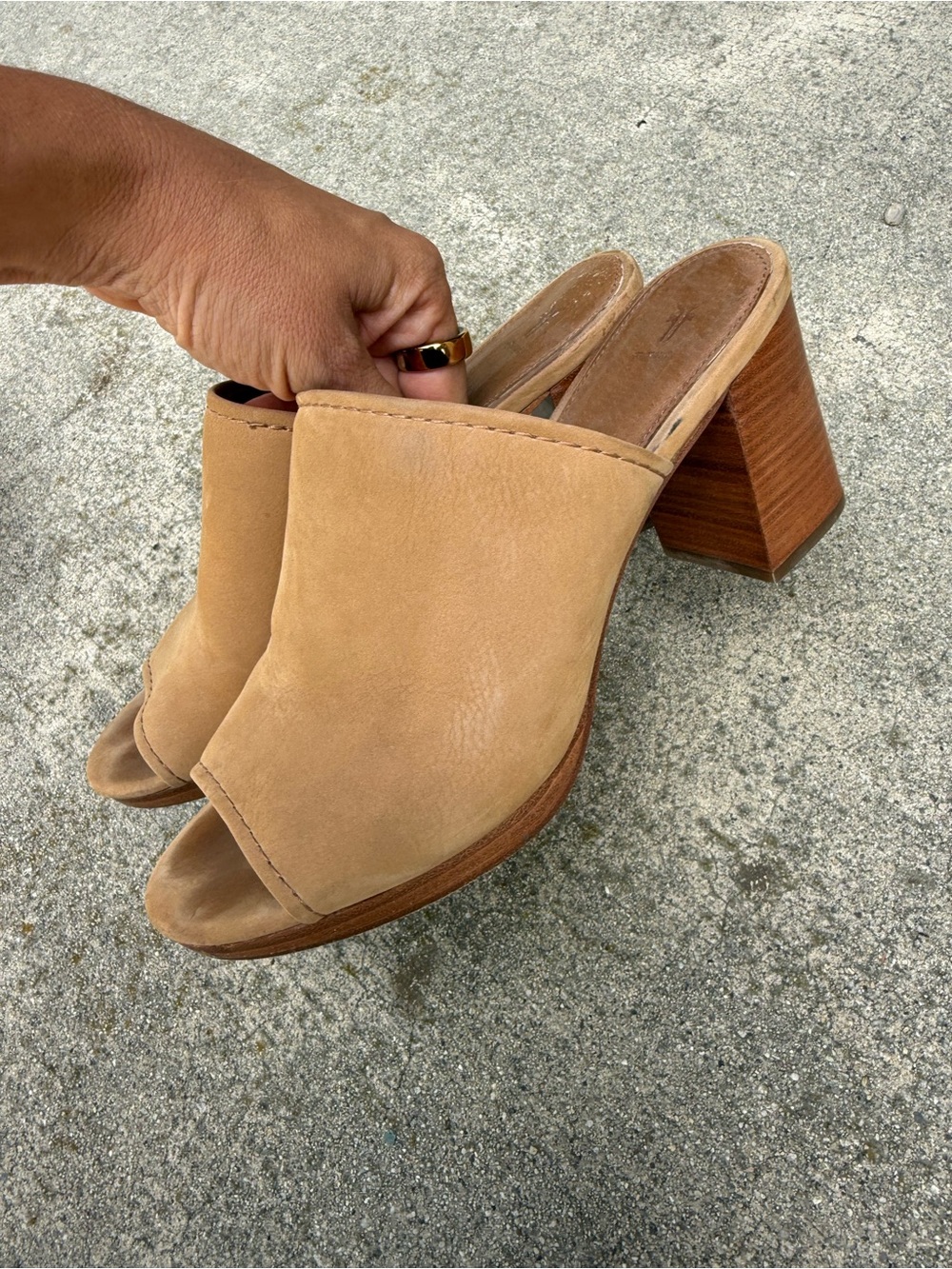 Frye Tan Leather Open-Toe Block Heel Mules